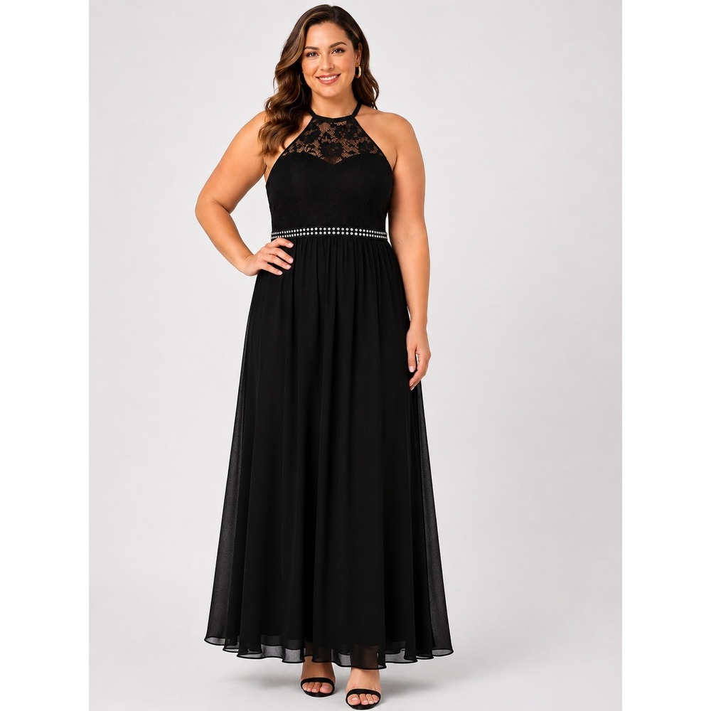 JJs House Lace Halter Maxi Dress Sz XXS Black Rhinestone Waist Formal‎ Cocktail